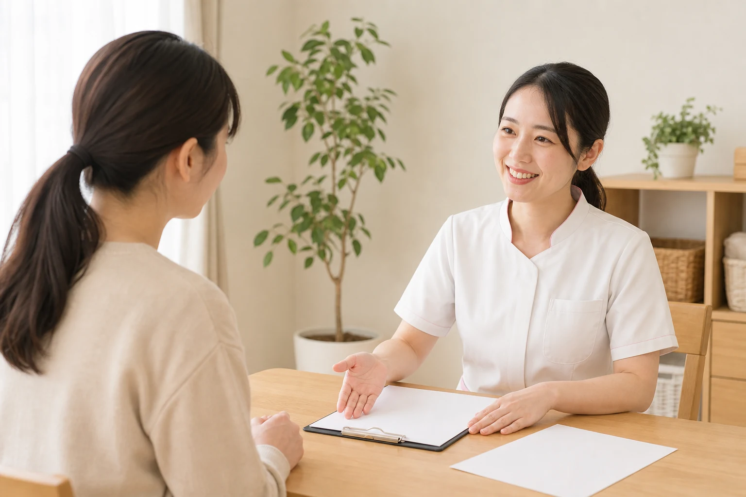 女性スタッフが女性利用者や家族に入居までの流れを説明する様子