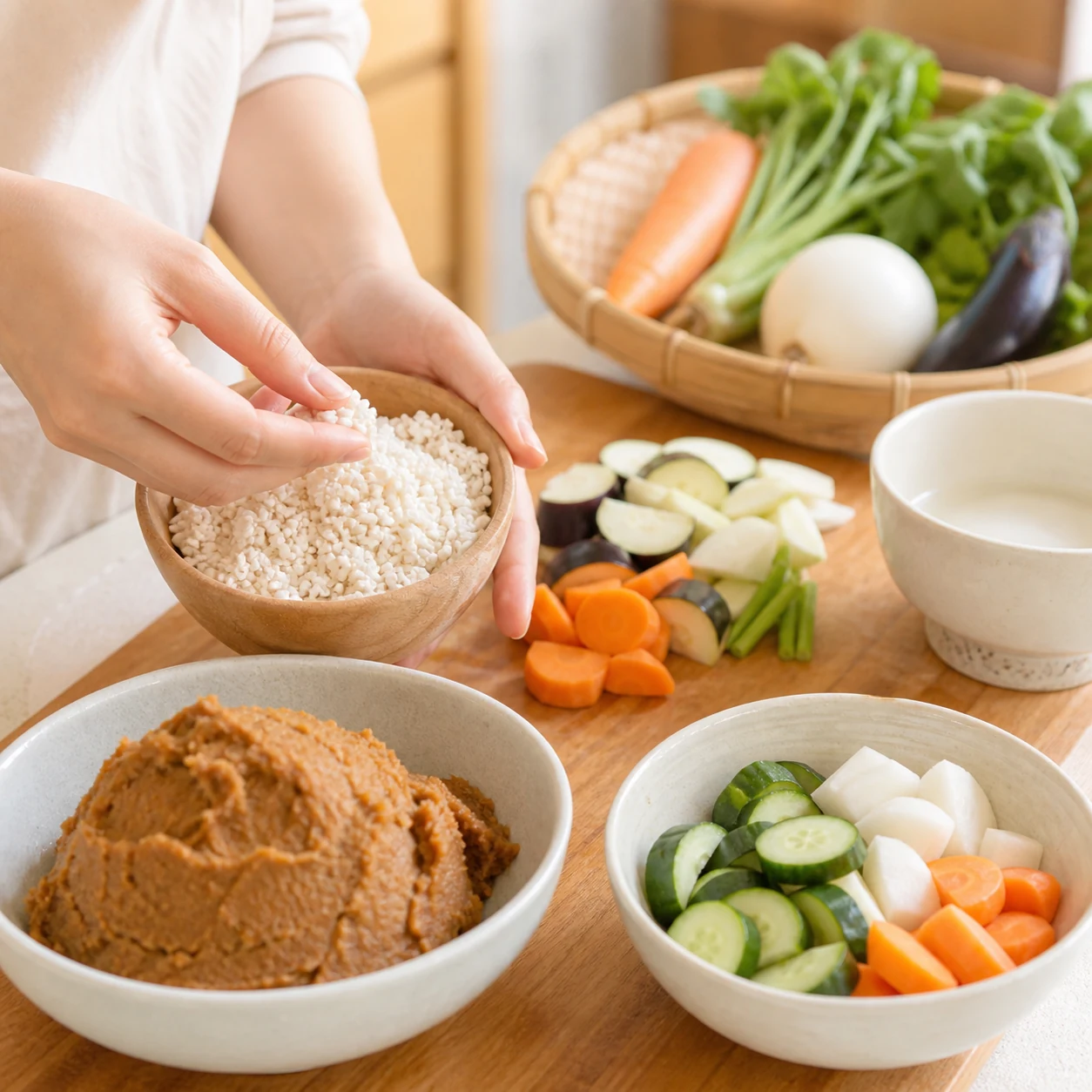 麹と季節の食材を準備する手元