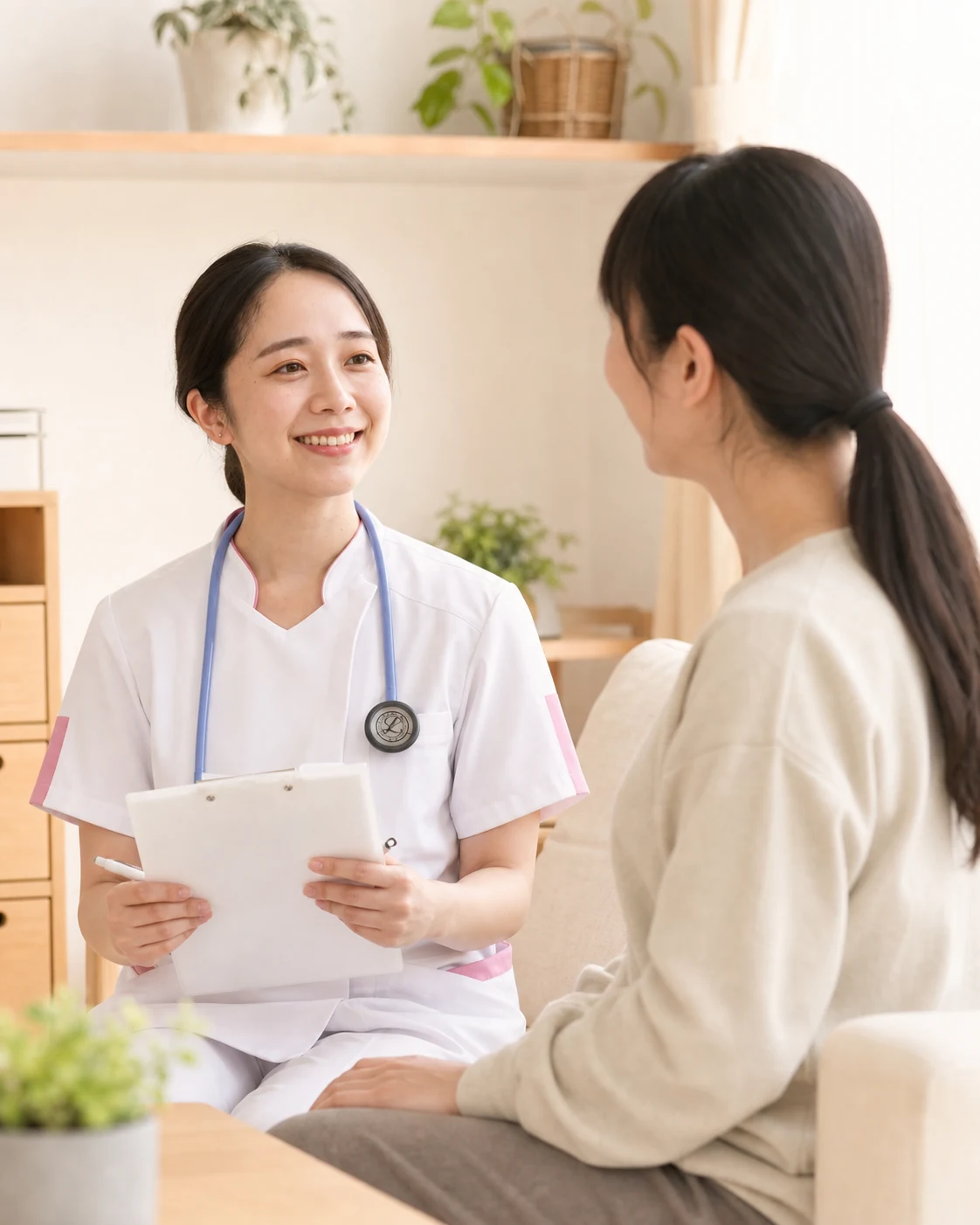 女性看護師が女性利用者と室内で向き合って話す様子
